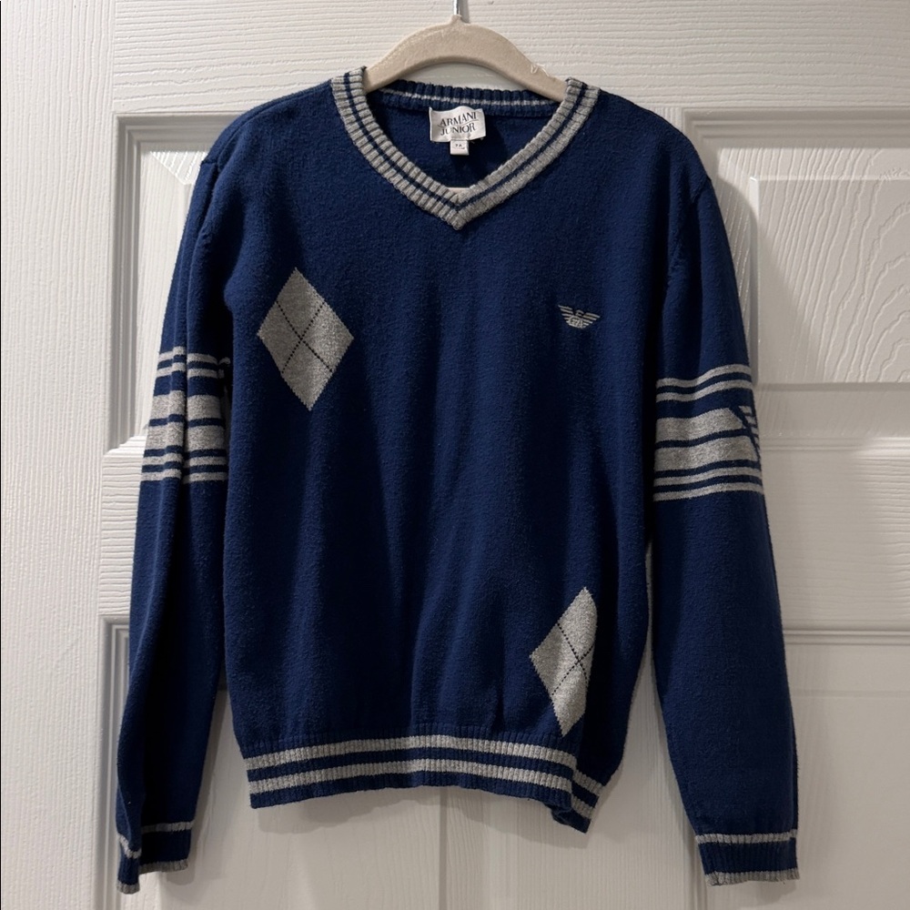 Boys Armani Juniors Navy V-Neck Sweater with Gray Argyle Accents Size 7A